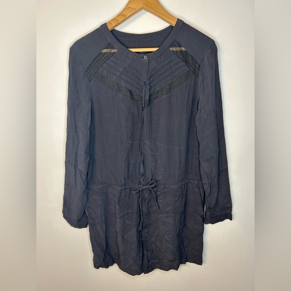 LOFT Pants - Loft Gray Rayon Romper, L, Long Sleeve, Lace Details, Button Front, Cinch Waist